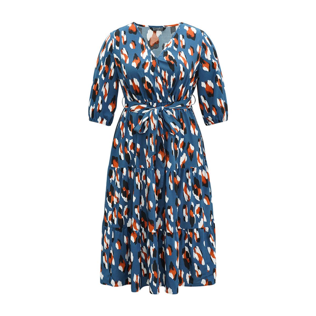 Plus Size Allover Print Ruffle Layered Hem Wrap Belted Dress Cerulean Women Office Elastic cuffs Overlap Collar Elbow-length sleeve Curvy Midi Dress BloomChic 28/5X Product Image