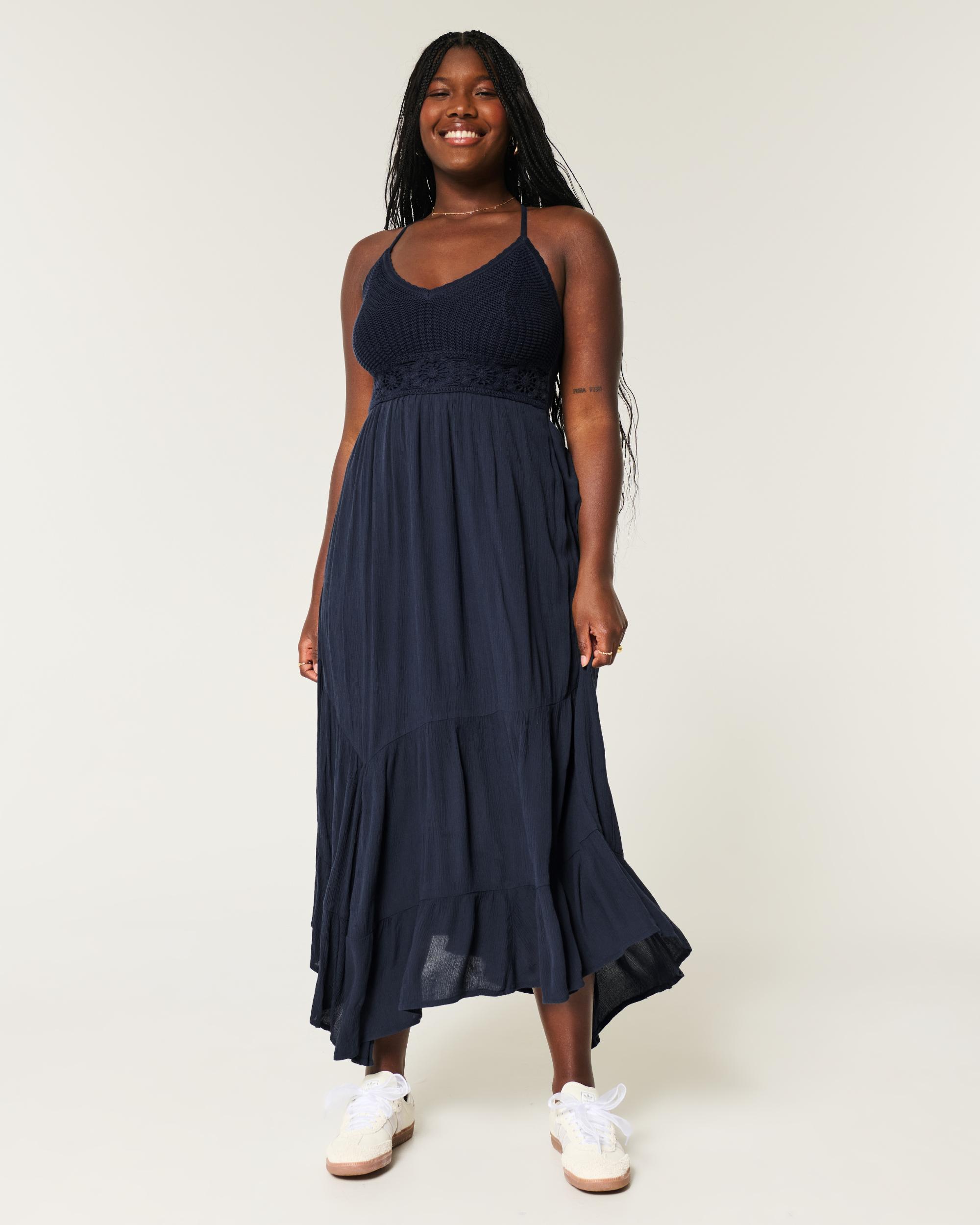 Mixed Fabric Crochet-Style Maxi Dress Product Image