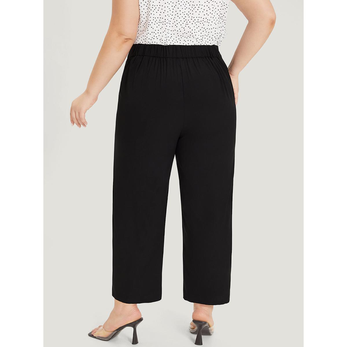 Plus Size Supersoft Essentials Solid Pocket Button Through Pants Women Black Elegant Straight Leg High Rise Dailywear Pants BloomChic 28/5X Product Image