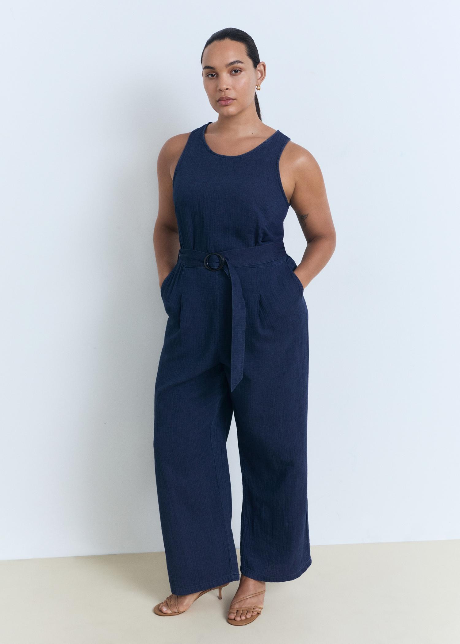 Flowy denim jumpsuit with belt - Women | MANGO USA Product Image