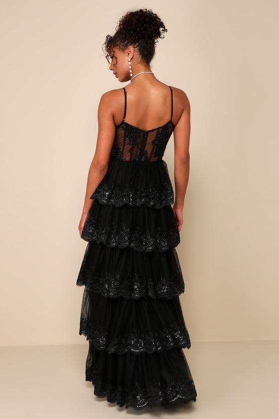 Alluring Sensation Black Tulle Embroidered Tiered Maxi Dress Product Image