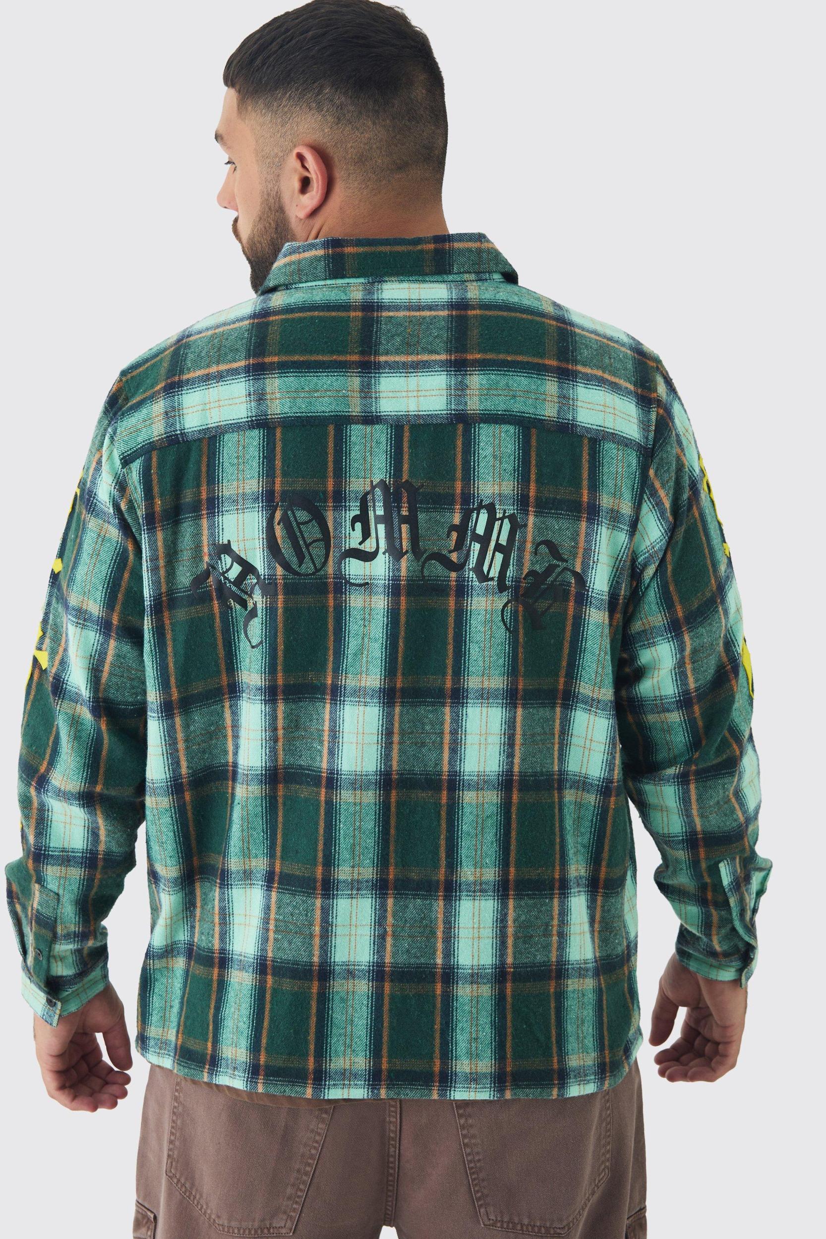 Plus Cross Applique Regular Fit PlaidShirt in Green | boohooMAN USA Product Image