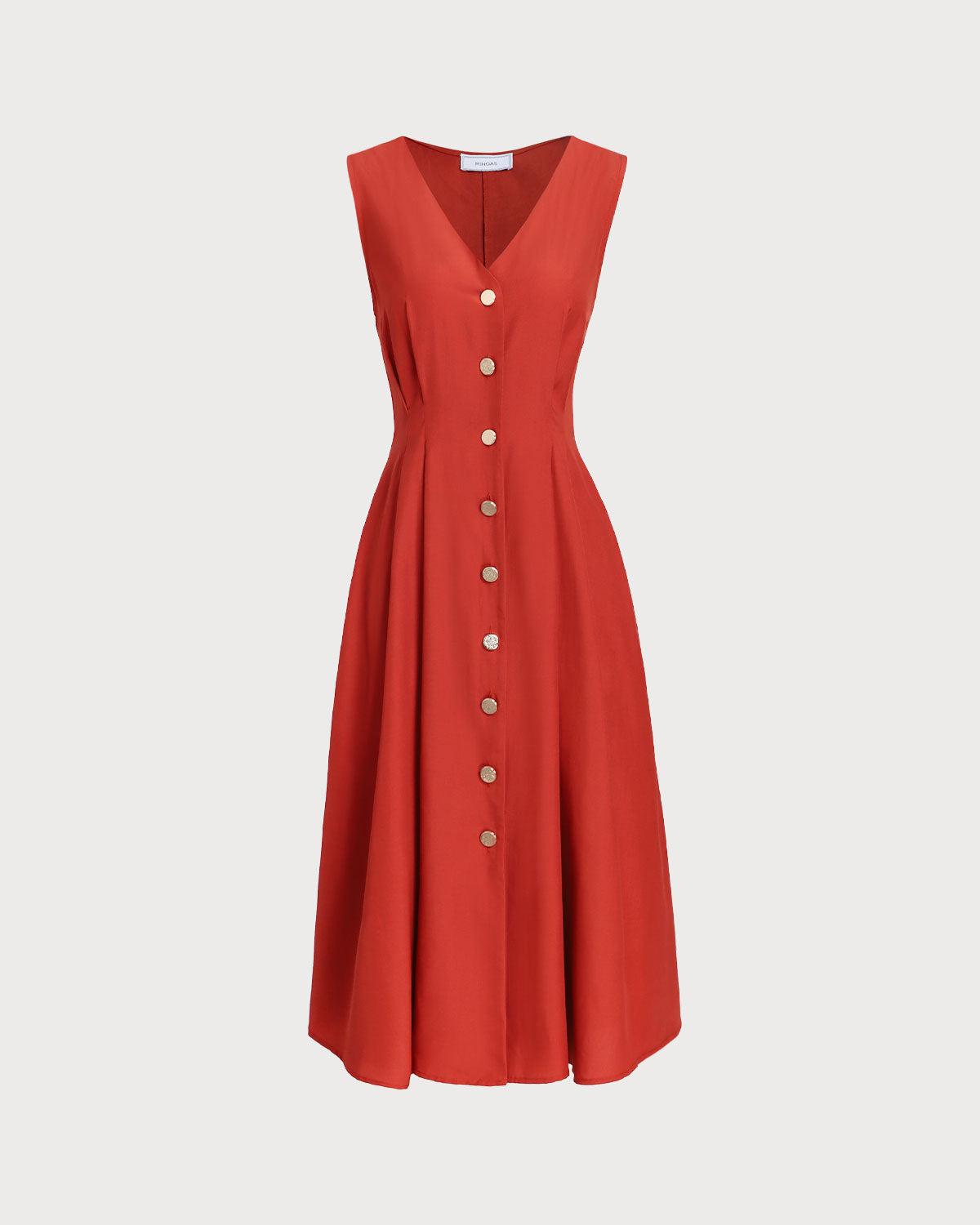 Red V-neck Button Sleeveless Midi Dress Product Image