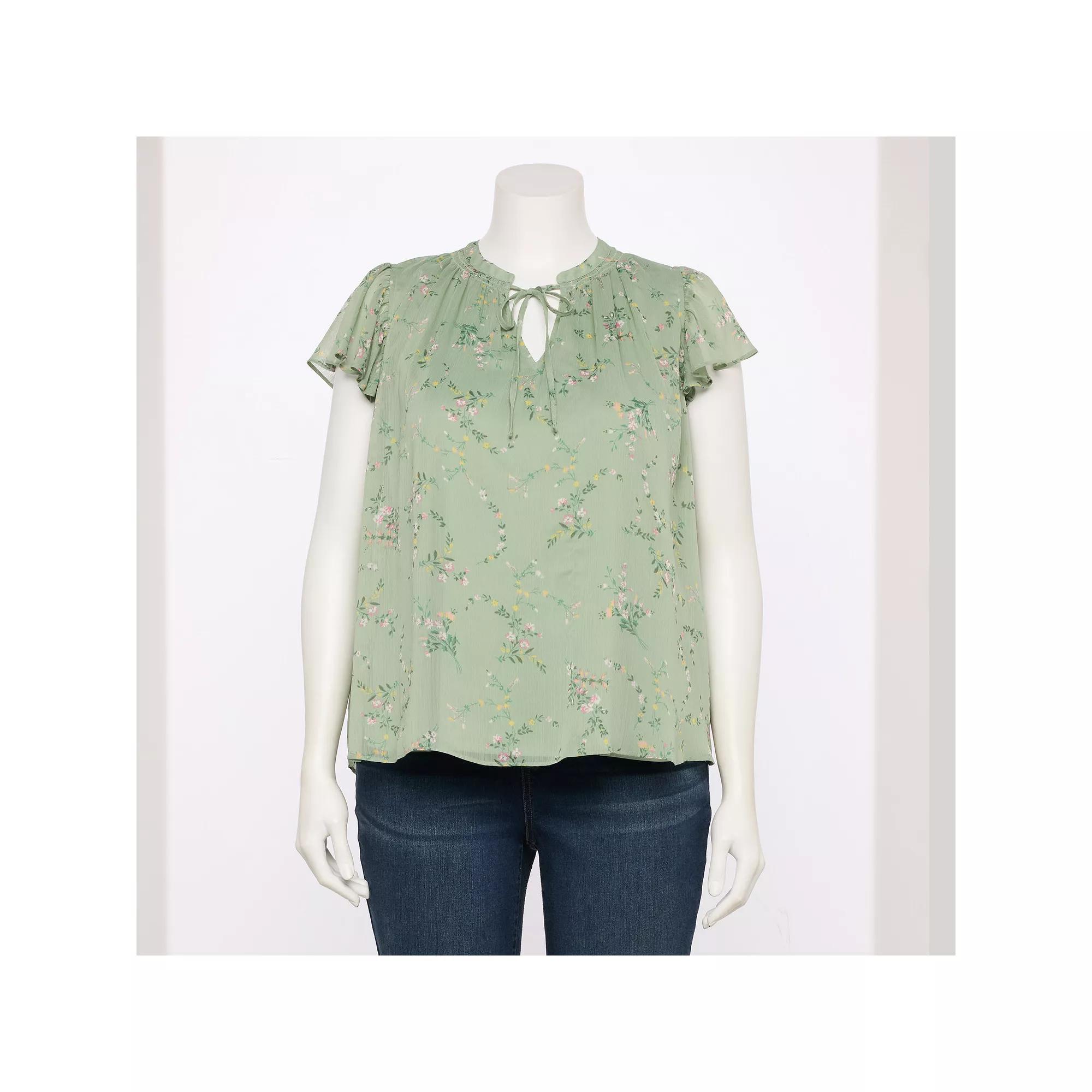 Plus Size LC Lauren Conrad Tie Front Ruffled V-Neck Shell, Women's, Size: 3XL, Green Fleurs Astrid Product Image