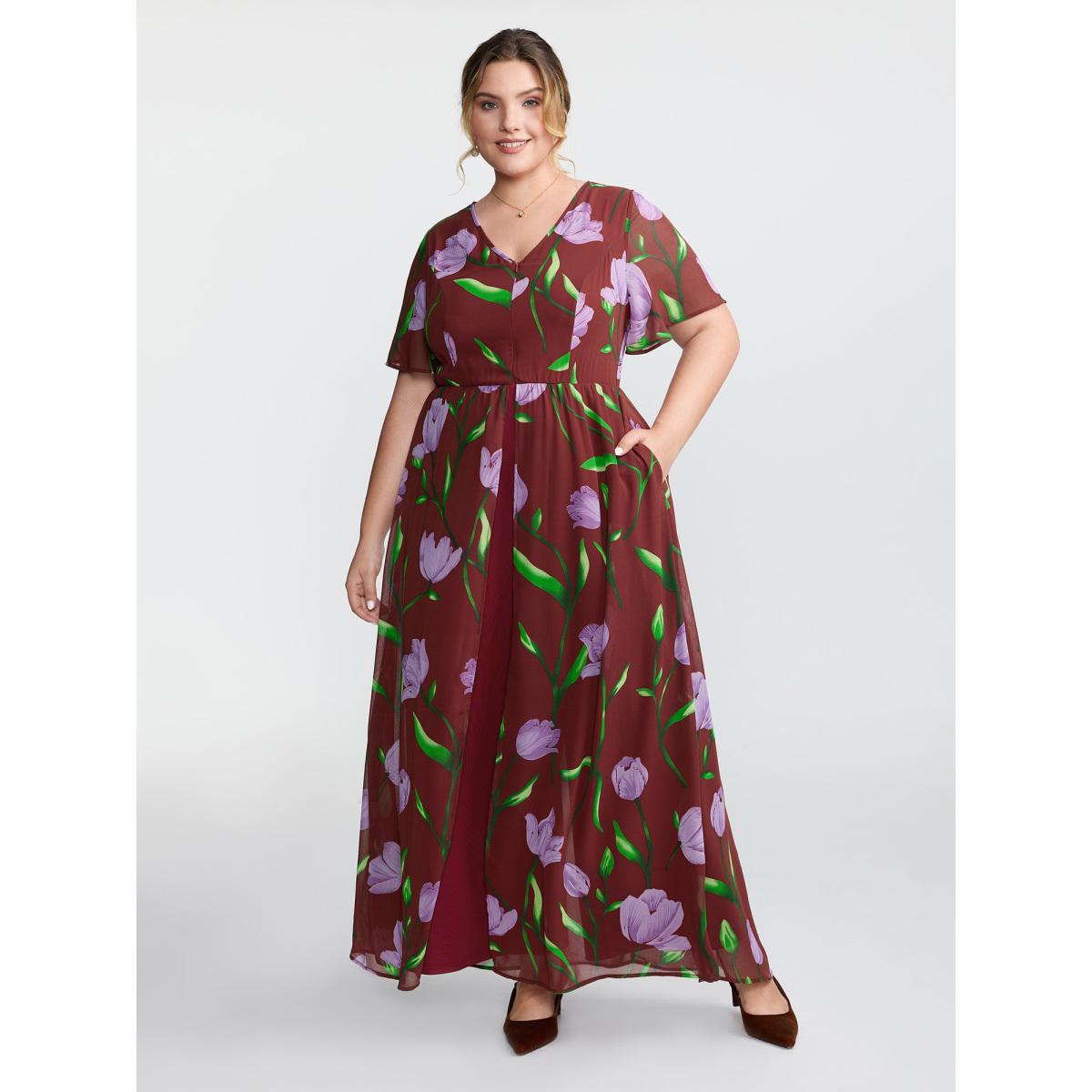 Plus Size Burgundy Hidden Zipper Floral Layered Pockets Jumpsuit Women Romantic Short sleeve V-neck Elegant Loose Jumpsuits BloomChic 10/M Product Image