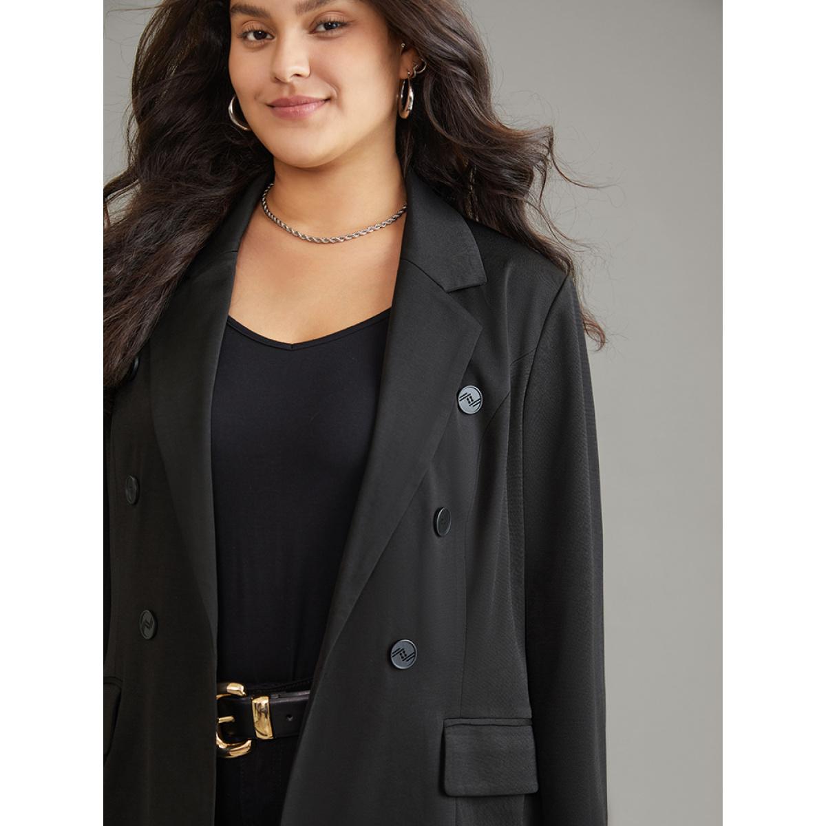 Plus Size Plain Suit Collar Pocket Button Up Blazer Black Women Dailywear Plain Lined Sleeve Long Sleeve Suit Collar 18-20/2X Pocket Elegant Blazers BloomChic Product Image