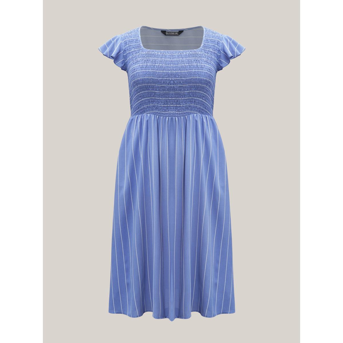 Plus Size Striped Shirred Flutter Sleeve Midi Dress Skyblue Women Leisure Shirred Square Neck Cap Sleeve Curvy BloomChic 12/L Product Image
