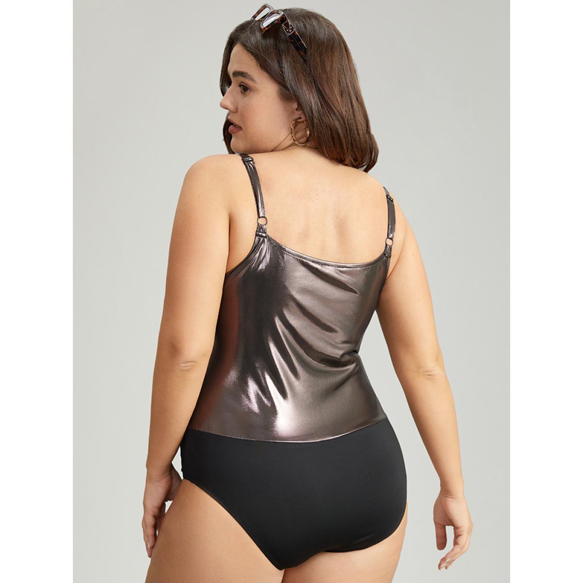 Plus Size Solid Patchwork Ruched Adjustable Straps Bodysuit Women Black Plain Gathered Bodysuits BloomChic 10/M Product Image