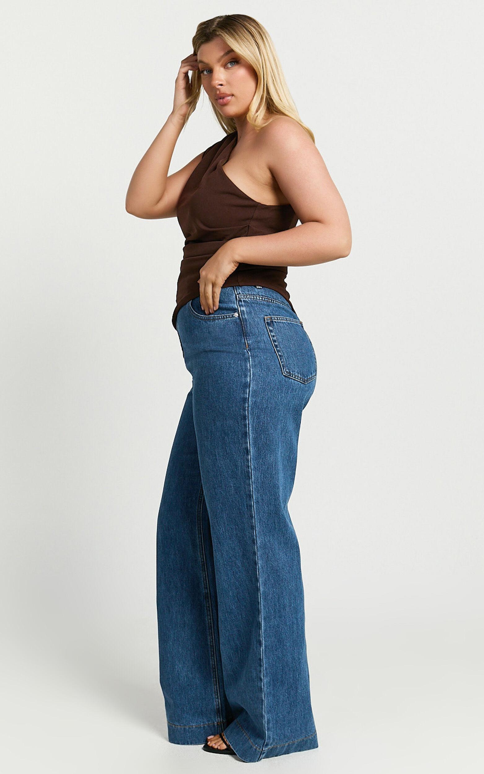 Emman Jeans - High Waisted Cotton Wide Leg Denim Jeans in Dark Blue Wash Product Image