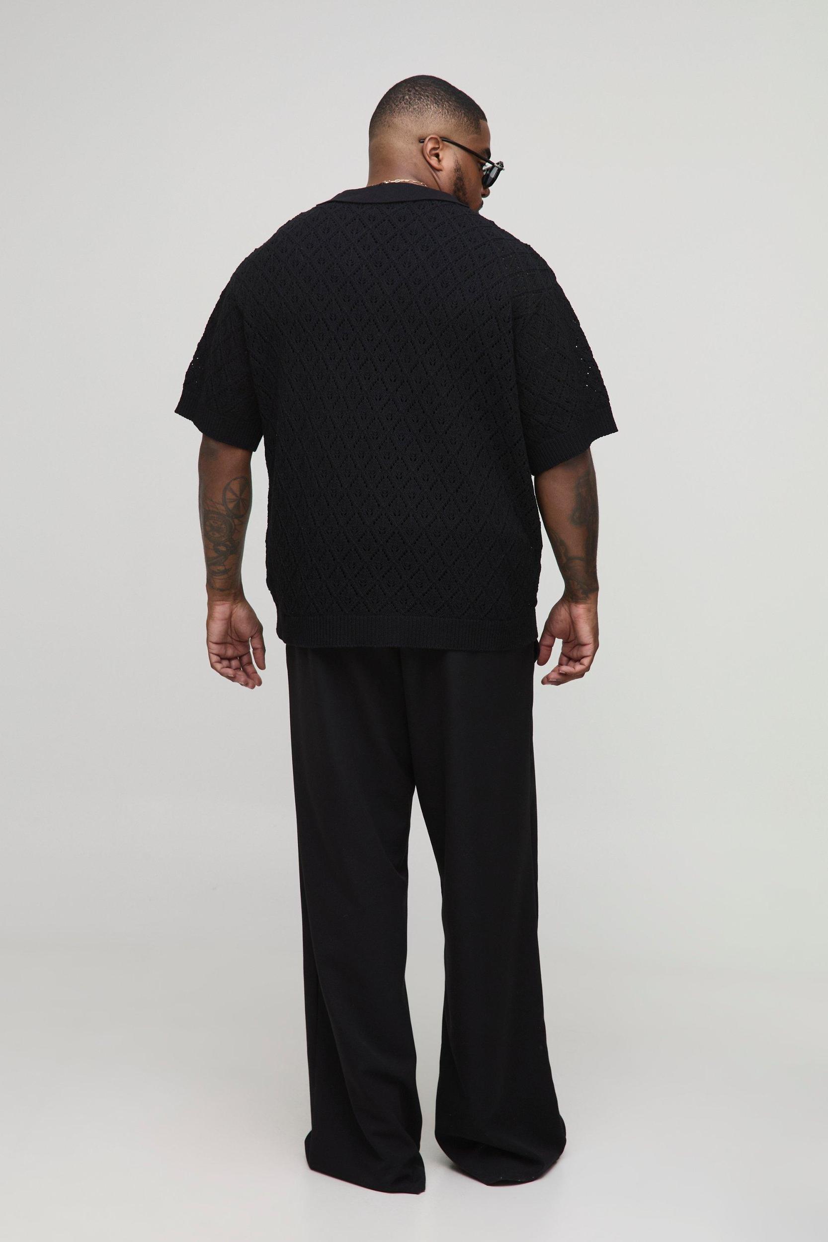 Plus Oversized Leaf Pointelle Crochet Revere Shirt | boohooMAN USA Product Image