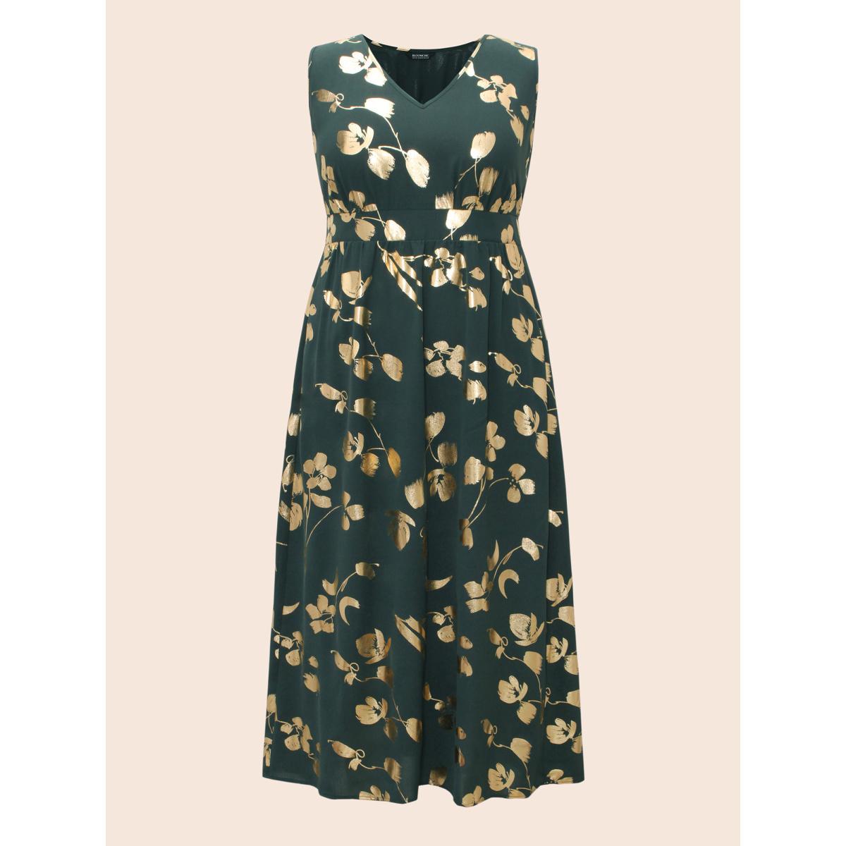 Plus Size Glitter Floral Sleeveless Maxi Dress DarkGreen Women Cocktail Texture V-neck Sleeveless Curvy BloomChic 22-24/3X Product Image