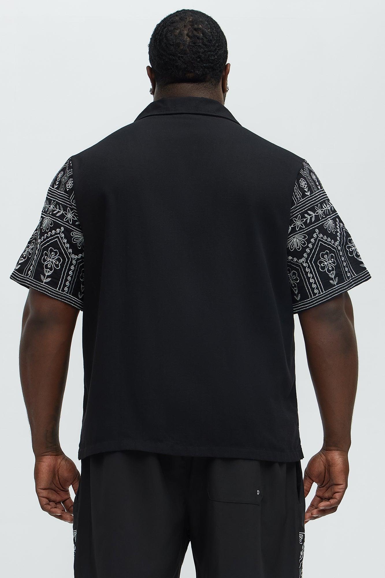 Embroidered Floral Cuban Collar Button Up Shirt - Black/combo Male Product Image