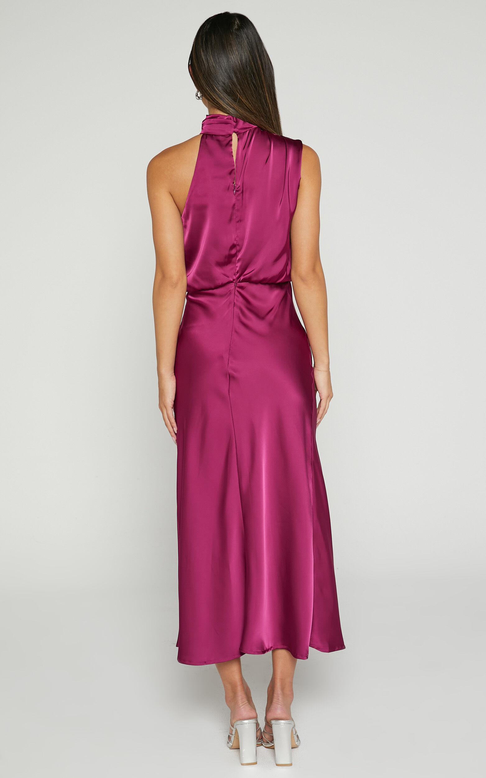 Minnie Midi Dress - Drape Neck Satin Slip Dress in Purple Product Image
