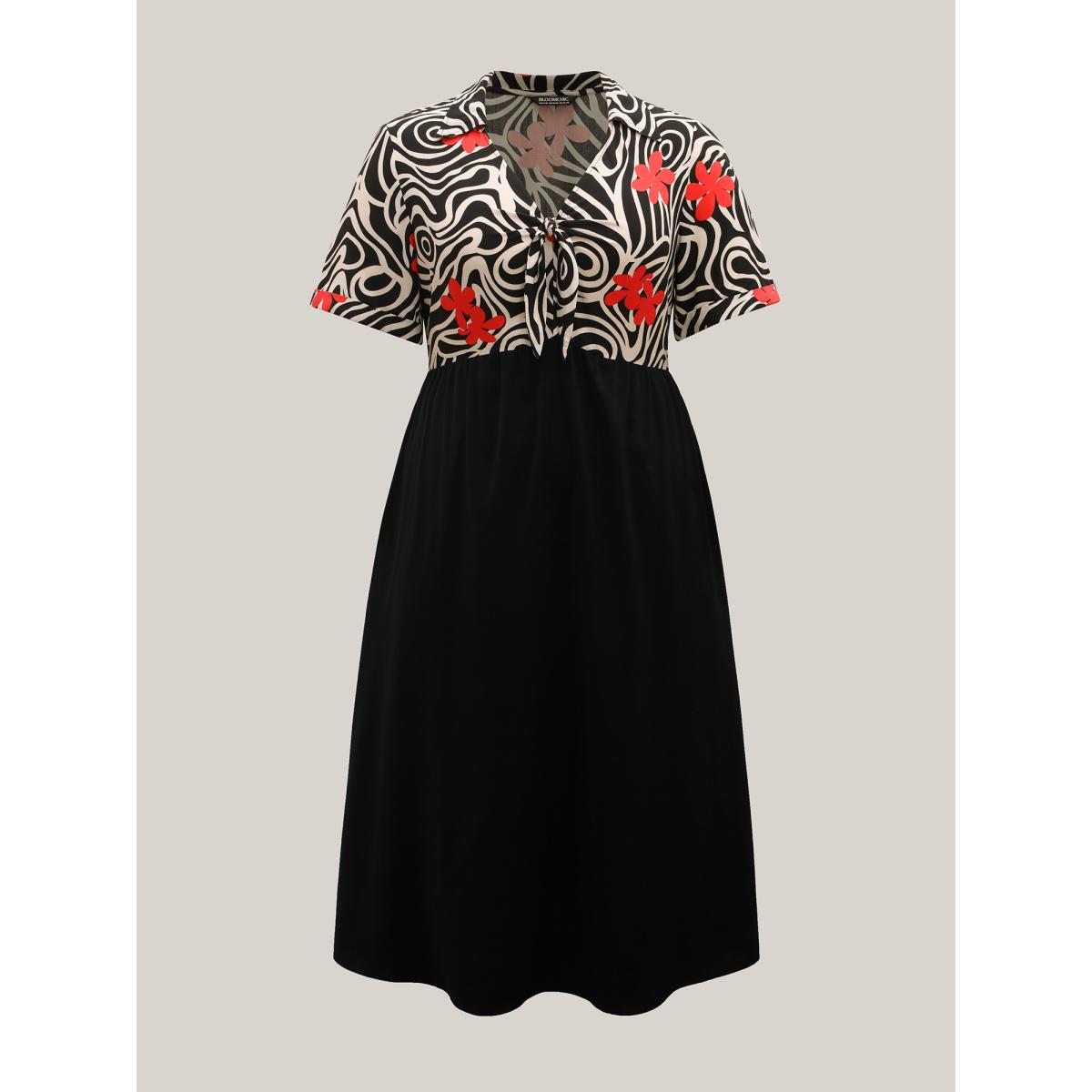 Plus Size Ribbon Collar Floral Print Contrast Midi Dress Black Women V-neck Short sleeve Curvy BloomChic 12/L Product Image