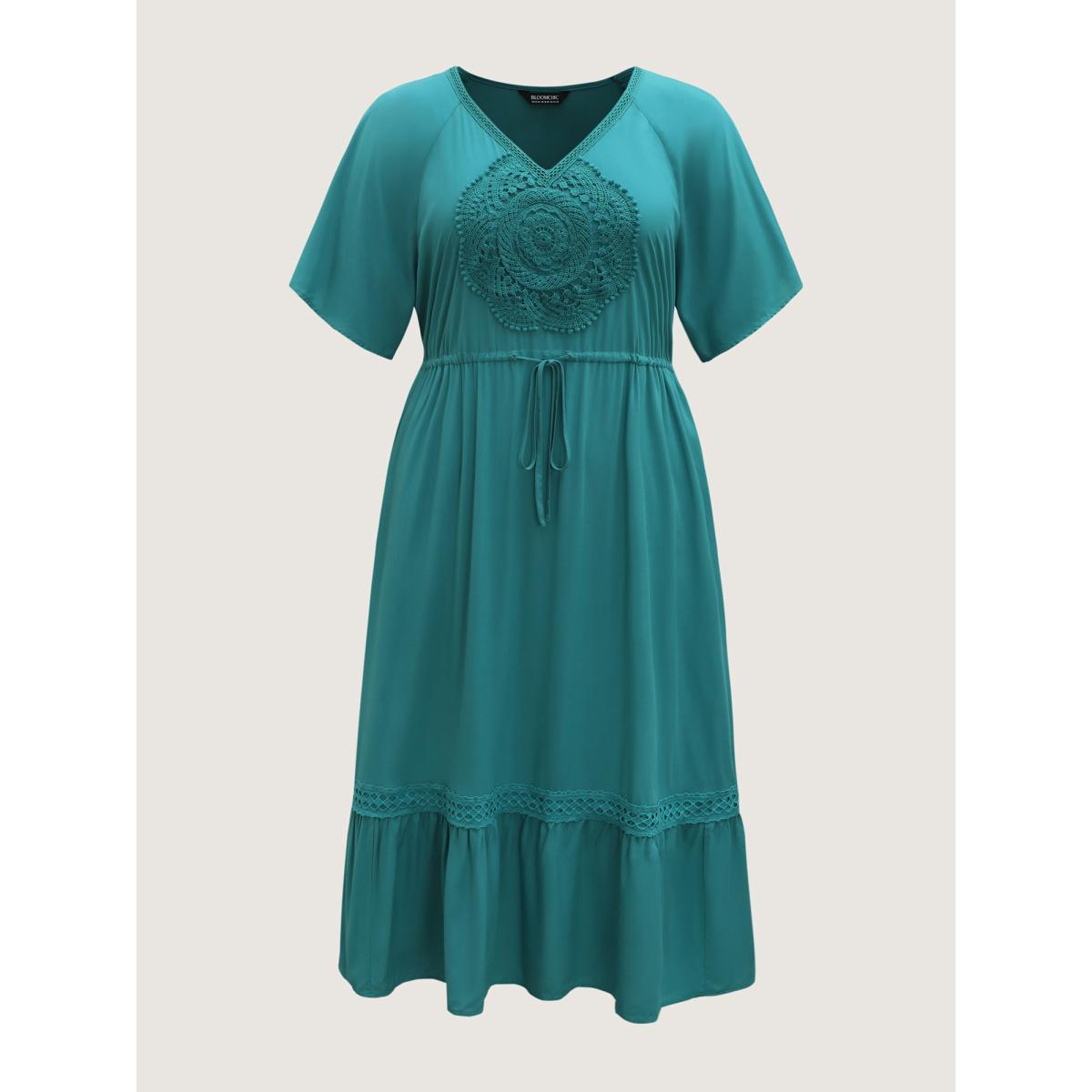 Plus Size Rayon Lace Trim Waist Tie Midi Dress Emerald Women V-neck Short sleeve Curvy BloomChic 18-20/2X Product Image