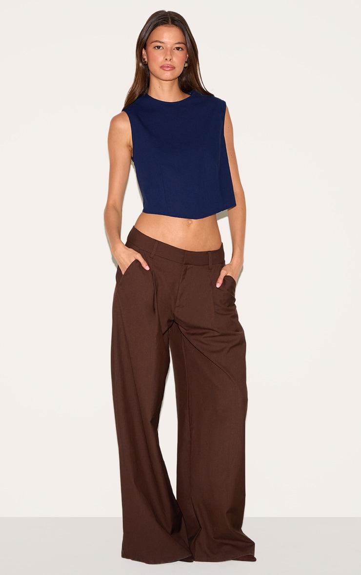 Navy Linen Look Boxy Pointed Hem Top Product Image