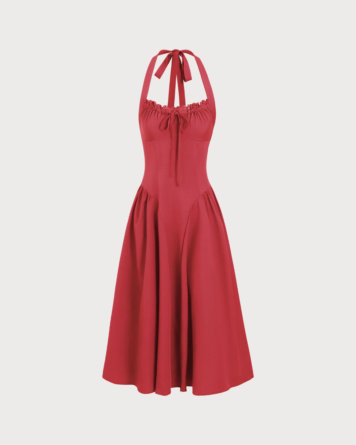 Red Ruched Halter Midi Dress Product Image