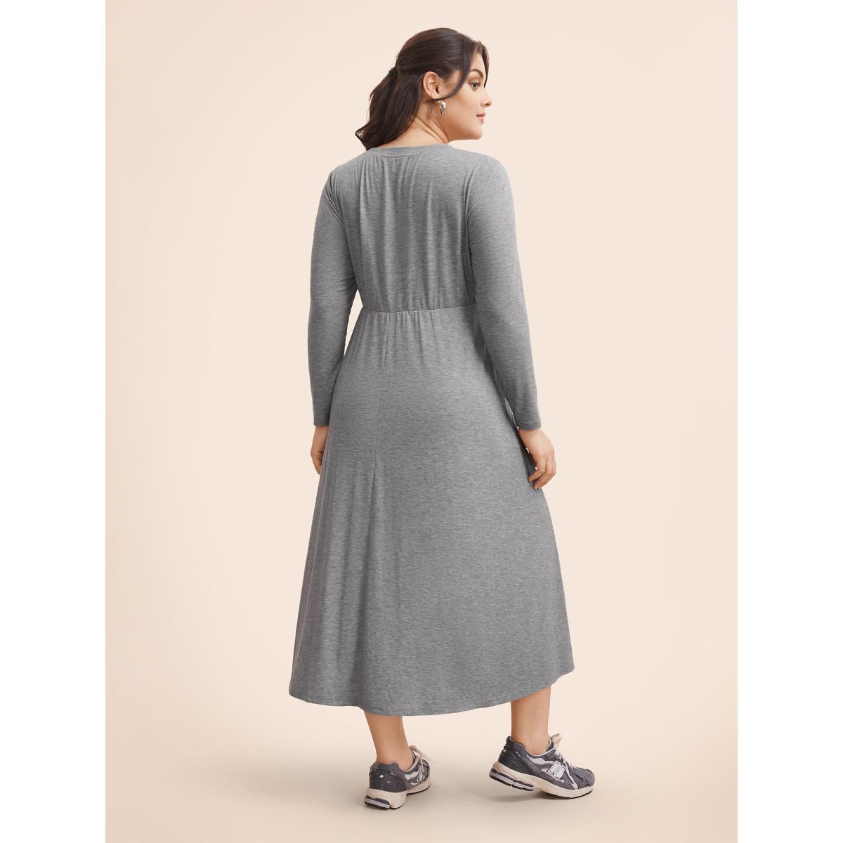 Plus Size Notched Solid Heather Midi Dress Mediumgray Women Casual Button Notched collar Long Sleeve Curvy BloomChic 26/4X Product Image