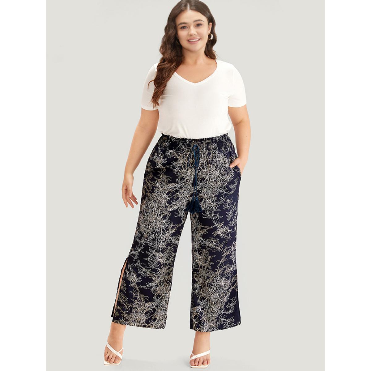 Plus Size Graphic Print Shirred Split Side Tassels Ties Pants Women Indigo Elegant Straight Leg High Rise Dailywear Pants BloomChic 10/M Product Image
