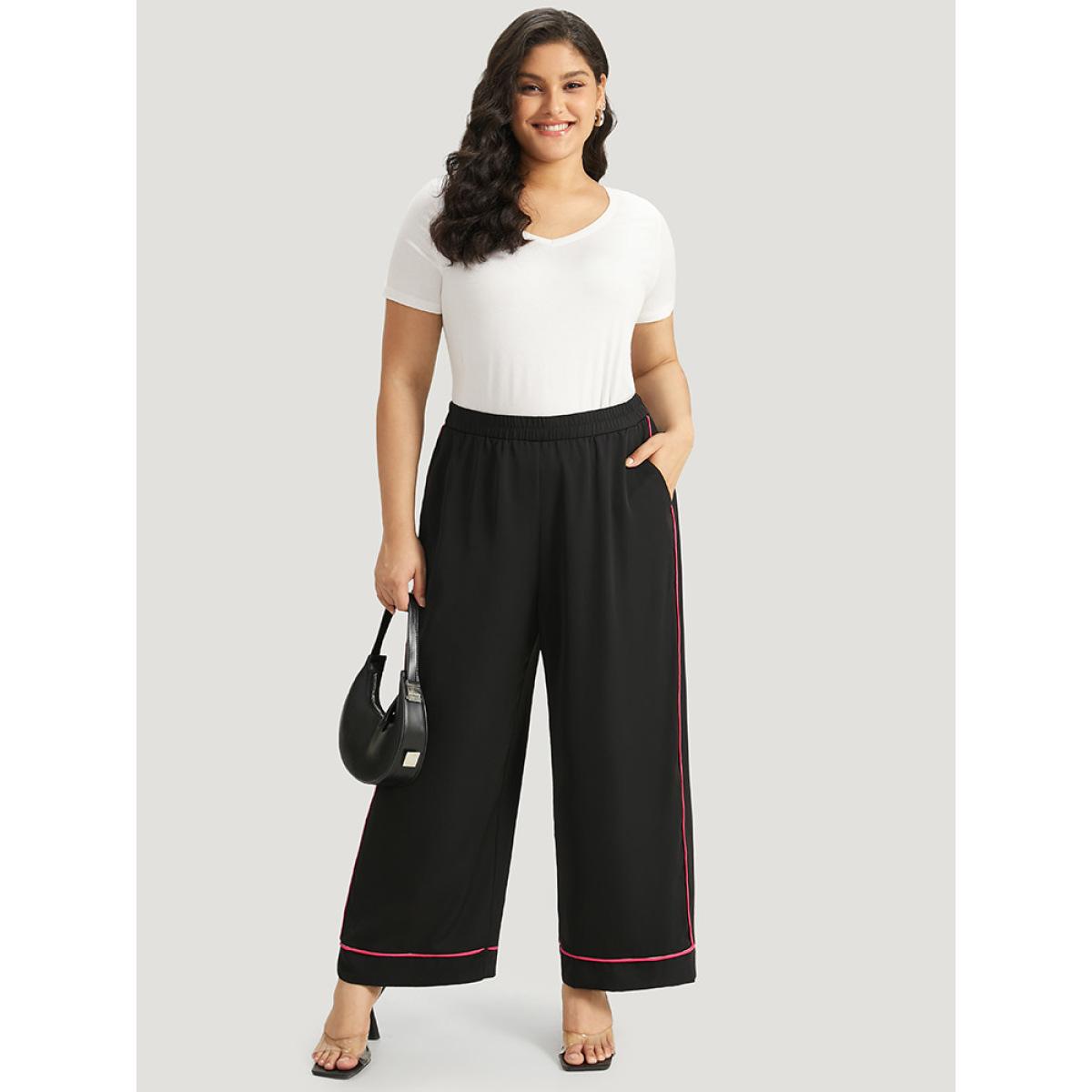 Plus Size Anti-Wrinkle Contrast Elastic Waist Seam Detail Loose Pants Women Black Office Wide Leg High Rise Office Pants BloomChic 12/L Product Image