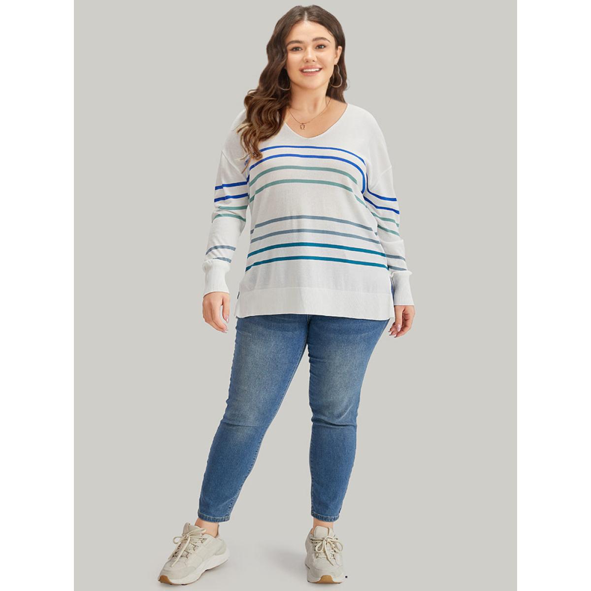 Plus Size Striped V Neck Split Hem Pullover White Women Casual Loose Long Sleeve V-neck Everyday Pullovers BloomChic 22-24/3X Product Image