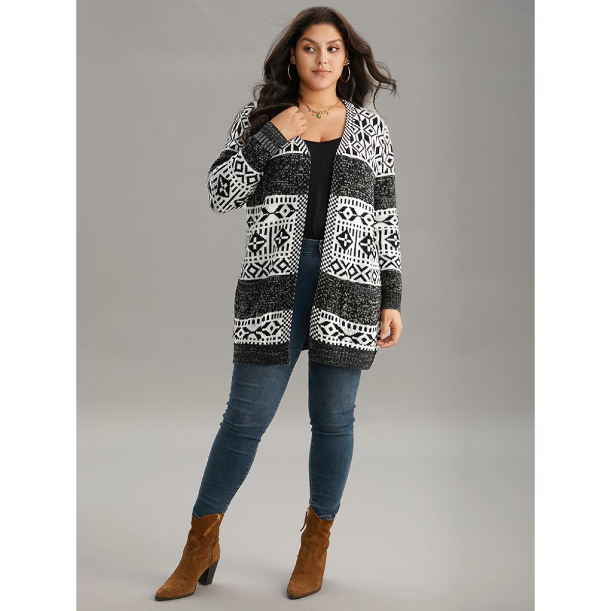 Plus Size Boho Print Heather Jacquard Cardigan Black Women Casual Loose Long Sleeve Dailywear Cardigans BloomChic 18-20/2X Product Image