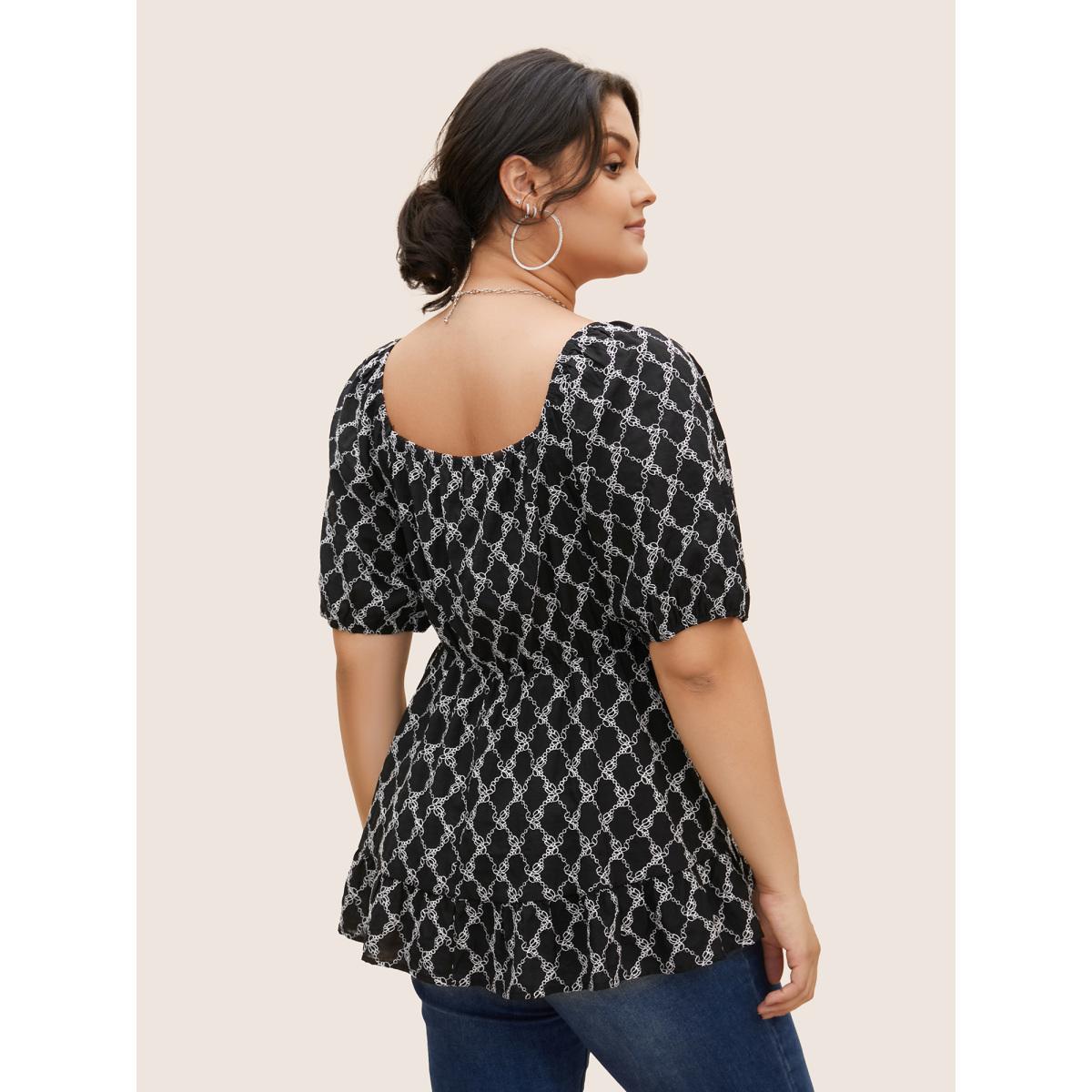 Plus Size Black Embroidered Heart Neckline Lantern Sleeve Blouse Women Casual Short sleeve Heart neckline Everyday Blouses BloomChic 18-20/2X Product Image