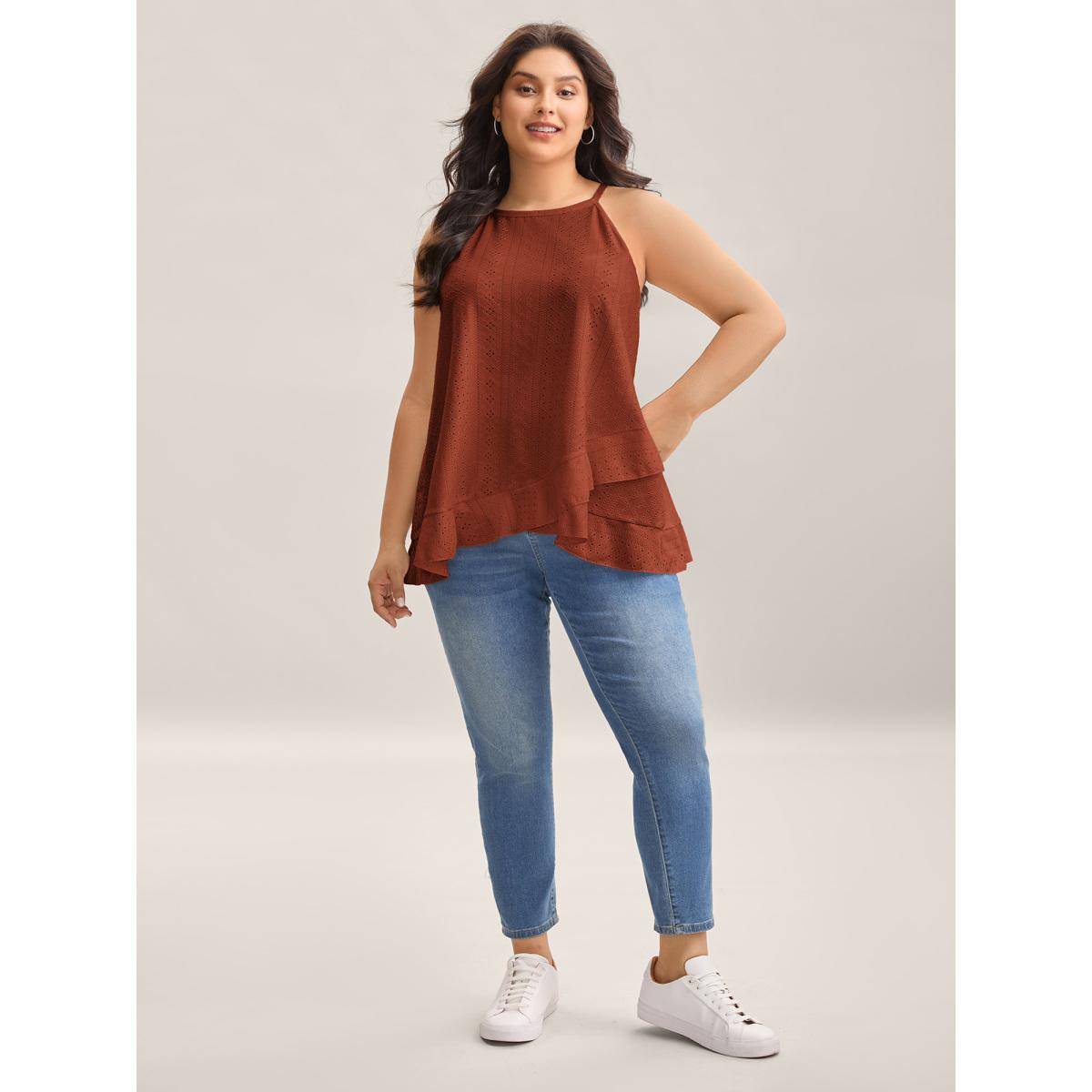 Plus Size Textured Knit Overlap Hem Tank Top Women Browncoffeecolor Leisure Overlapping Round Neck Casual Tank Tops Camis BloomChic 14-16/1X Product Image