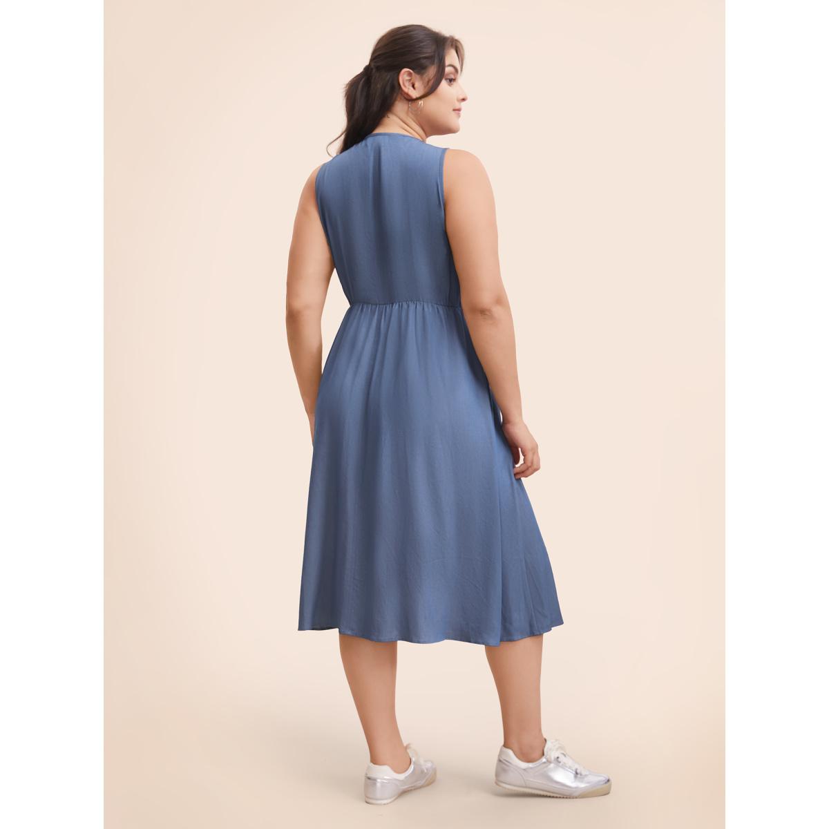 Plus Size V Neck 2 In 1 Bodycon Dress DarkBlue Women Casual Button V-neck Sleeveless Curvy BloomChic 12/L Product Image