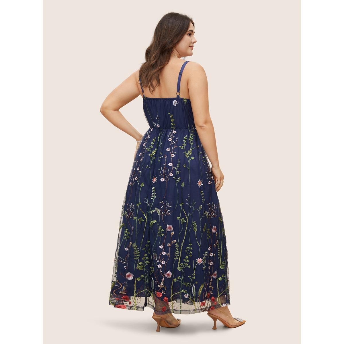 Plus Size U Neck Floral Embroidered Mesh Cami Dress DarkBlue Women Formal U-neck Sleeveless Curvy BloomChic 22-24/3X Product Image