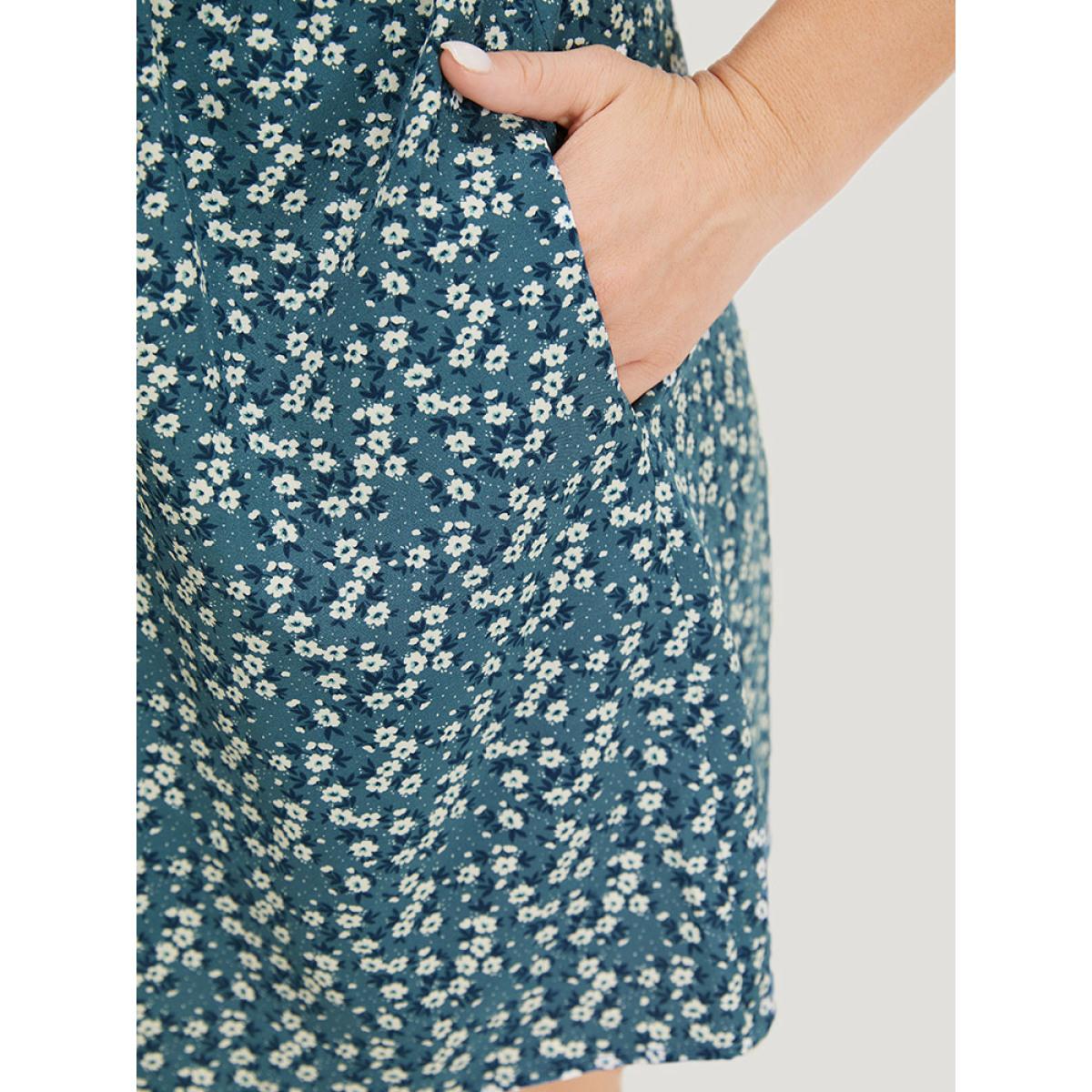 Plus Size Stone Ditsy Floral Pocket Zipper Ruffle Cold Shoulder Romper Women Casual Short sleeve Spaghetti Strap Dailywear Loose Jumpsuits BloomChic 22-24/3X Product Image