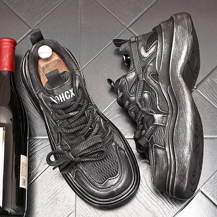 Platform Mesh Panel Lace-Up Faux Leather Sneakers Product Image