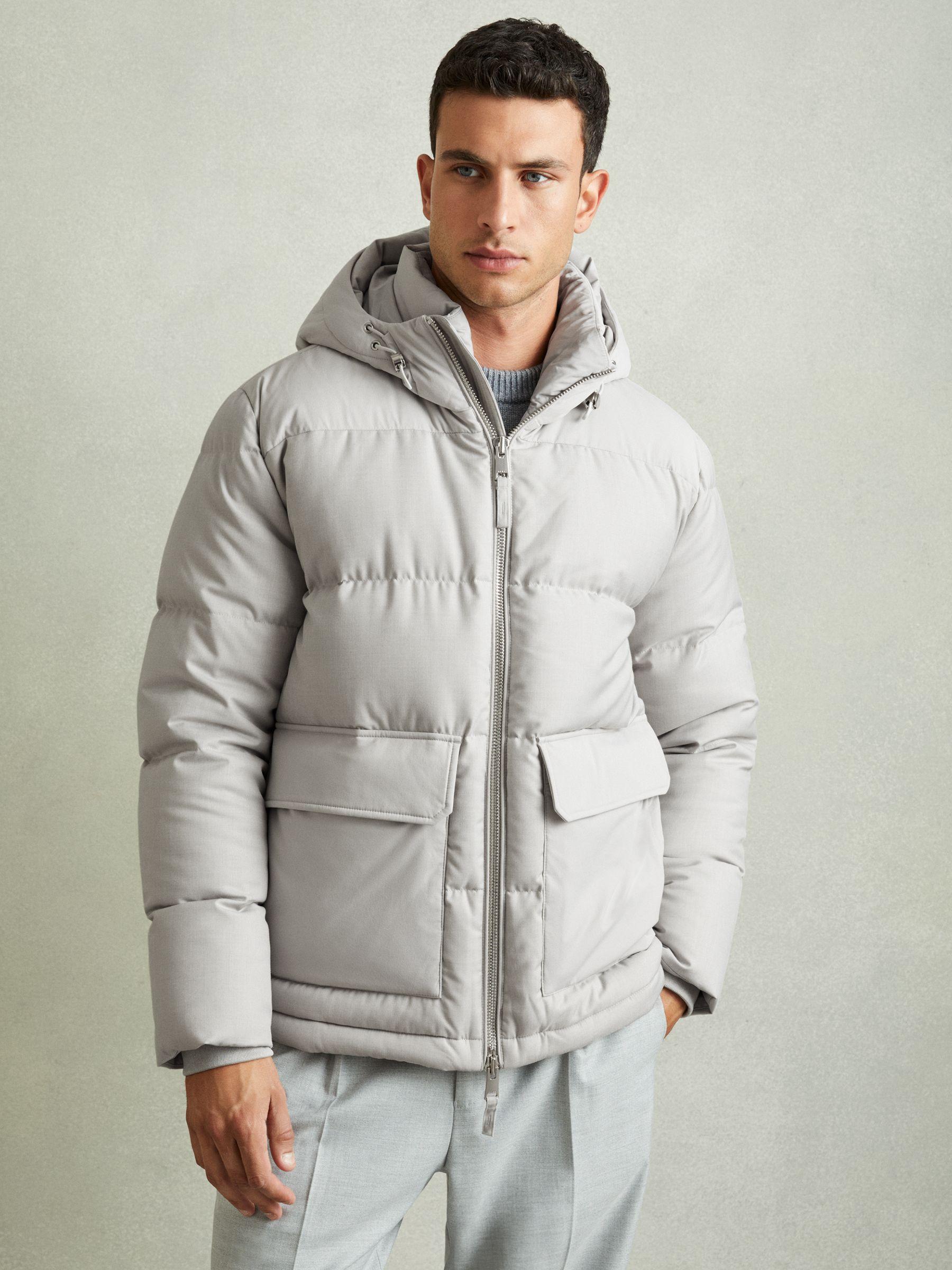 Patch-Pocket Quilted Puffer Jacket in Grey Product Image