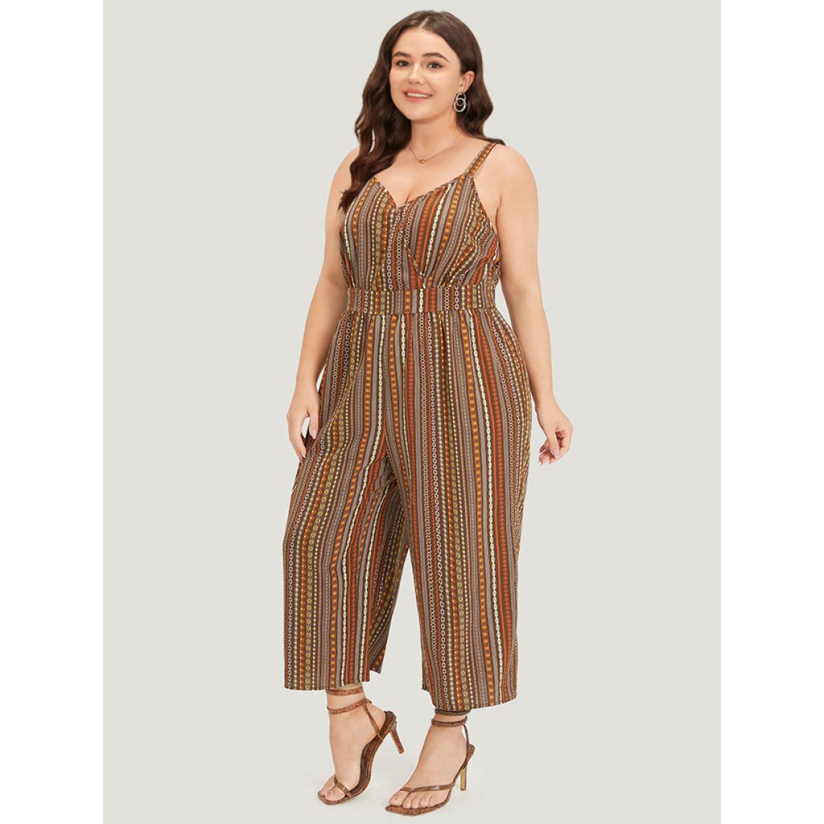 Plus Size DarkBrown Bandana Print Pocket Adjustable Straps Wrap Cami Jumpsuit Women Elegant Sleeveless Spaghetti Strap Dailywear Loose Jumpsuits BloomChic 12/L Product Image