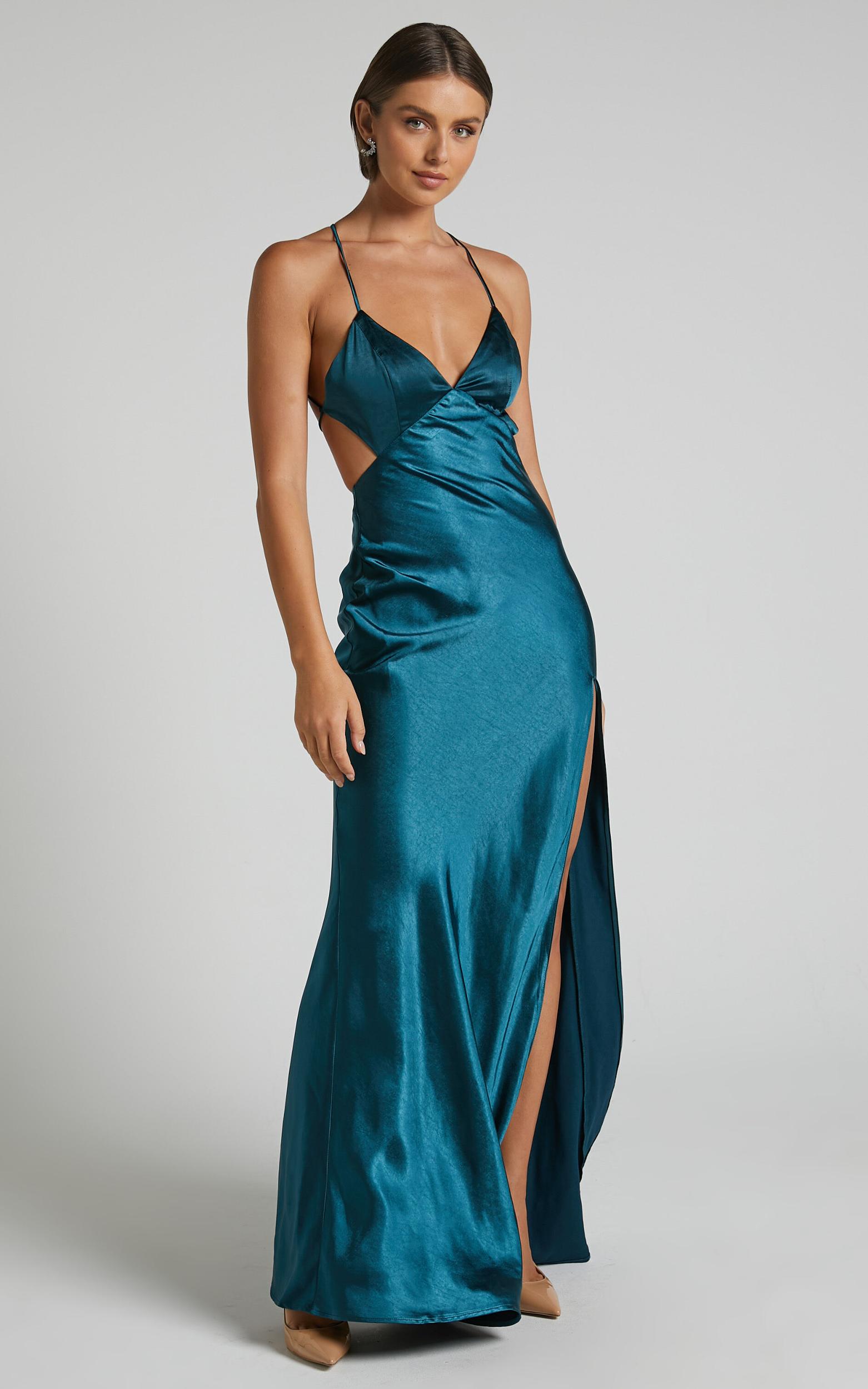 Anneke Maxi Dress - V Neck Open Back Bias Cut Dress in Petrol Green Product Image