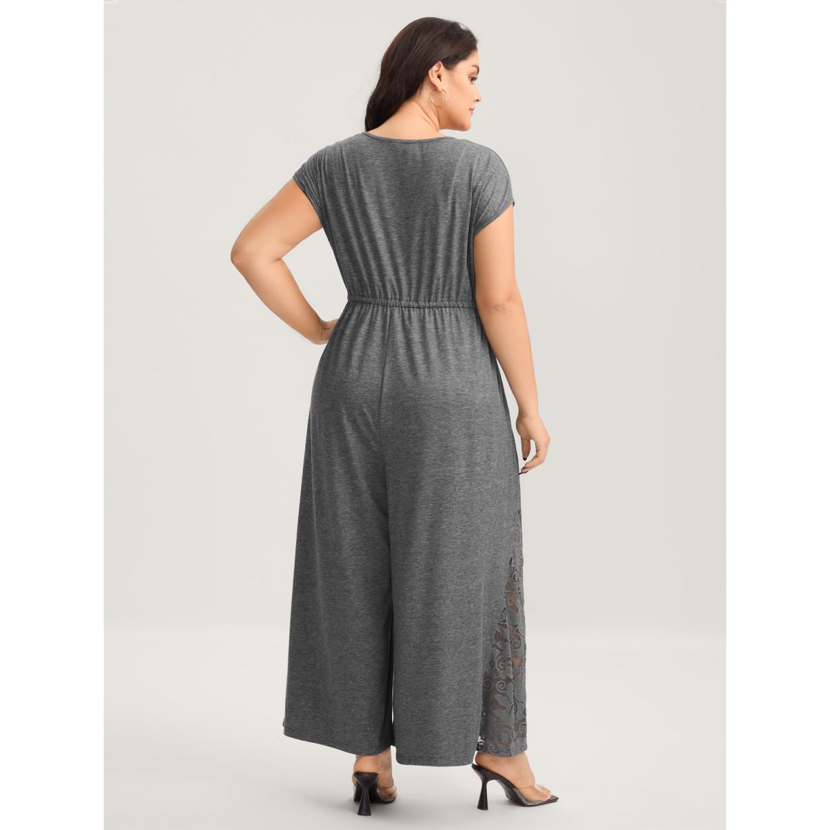 Plus Size DimGray Very Stretchy Lace Waist-Tie Jumpsuit Women Cap Sleeve V-neck Vacation Loose Jumpsuits BloomChic 30/6X Product Image