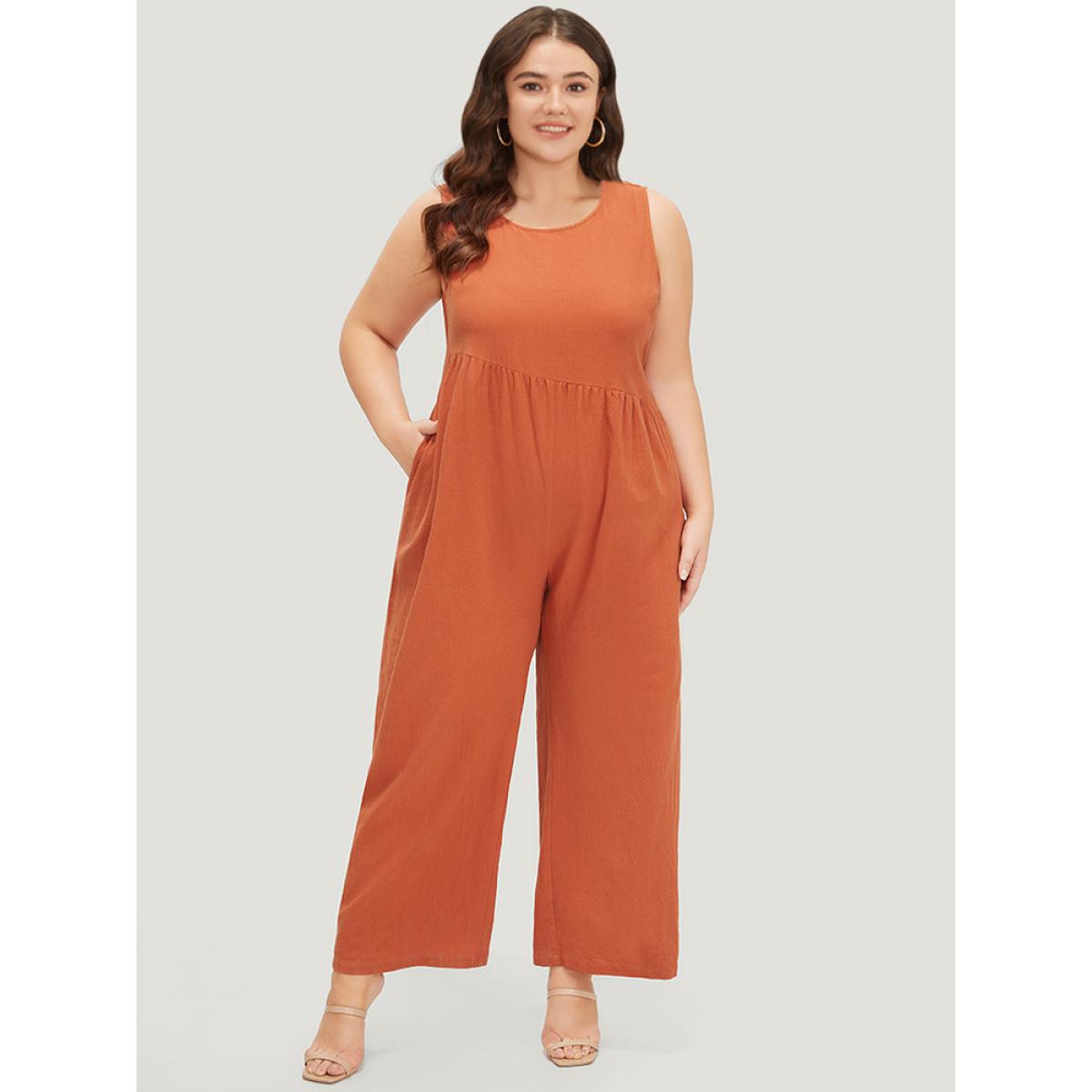 Plus Size OrangeRed Plain Pocket Zipper Patchwork Tank Jumpsuit Women Casual Sleeveless Round Neck Dailywear Loose Jumpsuits BloomChic 22-24/3X Product Image
