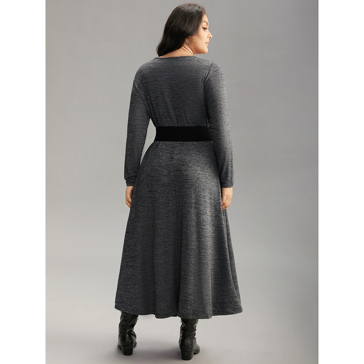Plus Size Plain Heather Metal Buckle Detail Dress With Belt DimGray Women Casual Plain Round Neck Long Sleeve Curvy Midi Dress BloomChic 28/5X Product Image