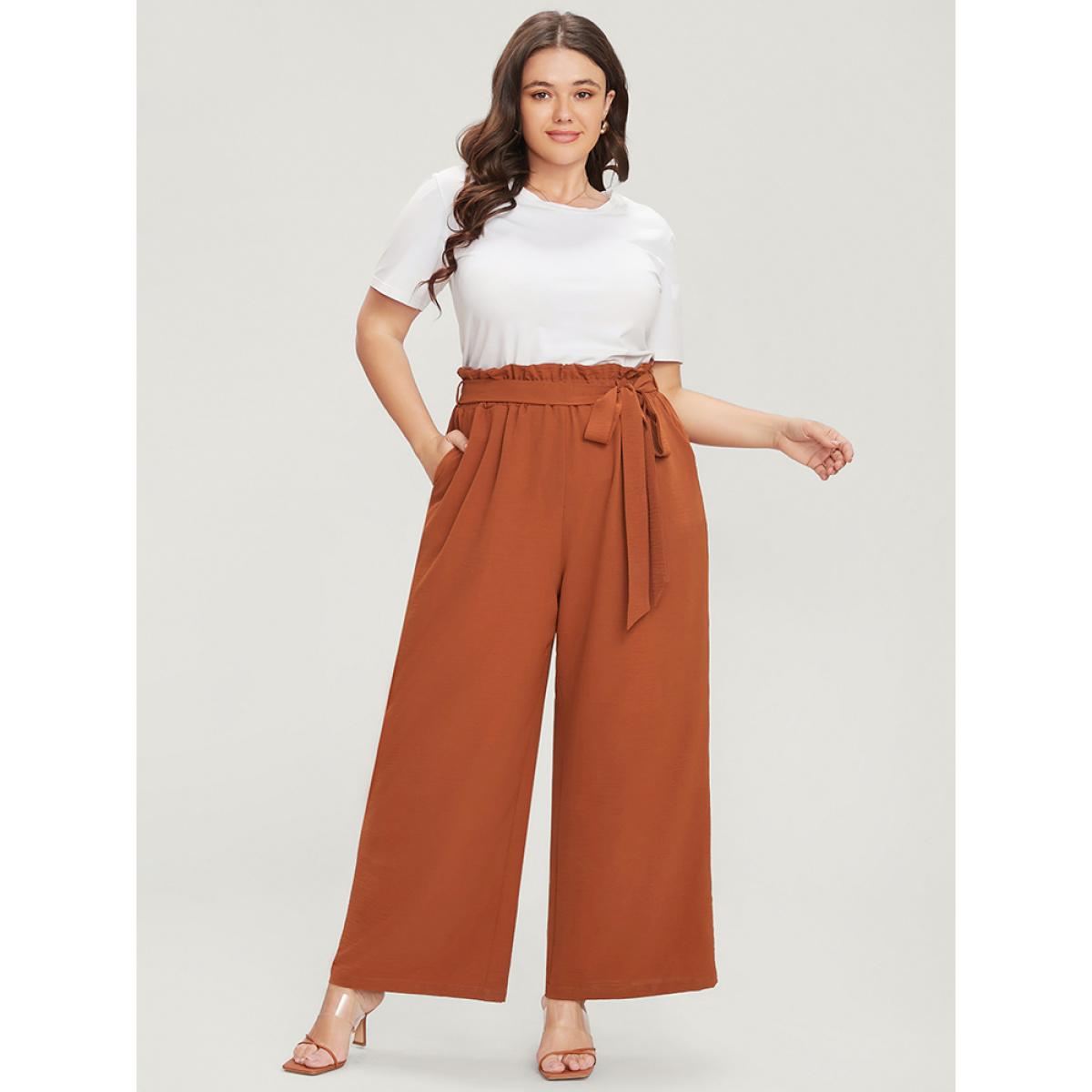 Plus Size Plain Paperbag Waist Wide Leg Belted Pocket Pants Women Rust Casual Mid Rise Dailywear Pants BloomChic 28/5X Product Image