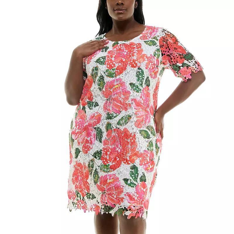 Plus Size Nina Leonard Elbow Sleeve Lace Print Dress, Women's, Size: 2XL, Bright Blue Team Product Image