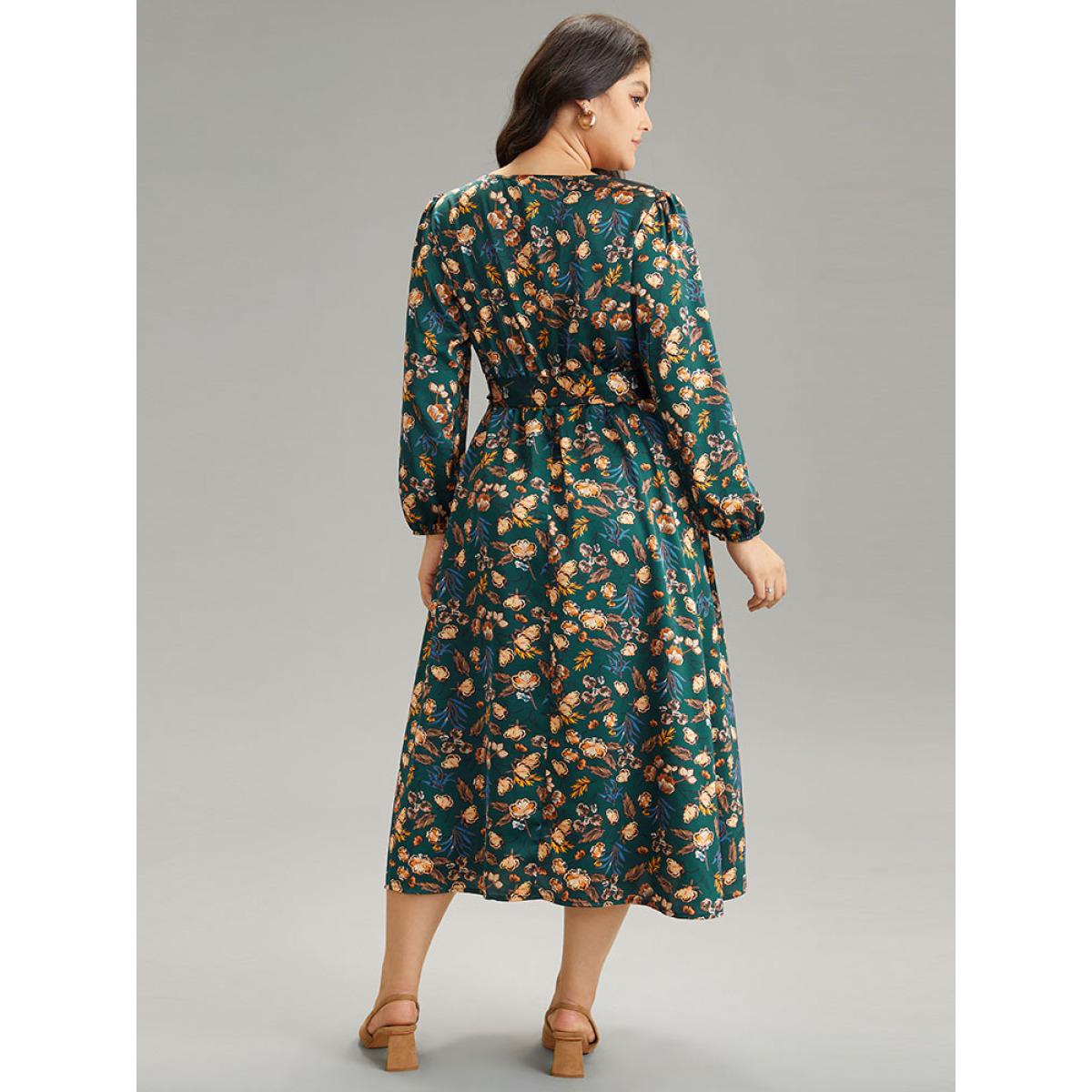 Plus Size Floral Lantern Sleeve Belted Elastic Waist Dress Cyan Women Office Elastic cuffs Round Neck Long Sleeve Curvy Midi Dress BloomChic 28/5X Product Image