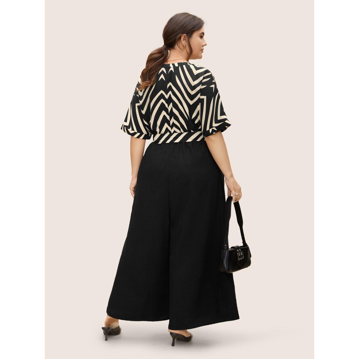 Plus Size Black Striped Patchwork Knot Cuffed Sleeve Jumpsuit Women Work From Home Half Sleeve Flat collar with V-notch Office Loose Jumpsuits BloomChic 30/6X Product Image