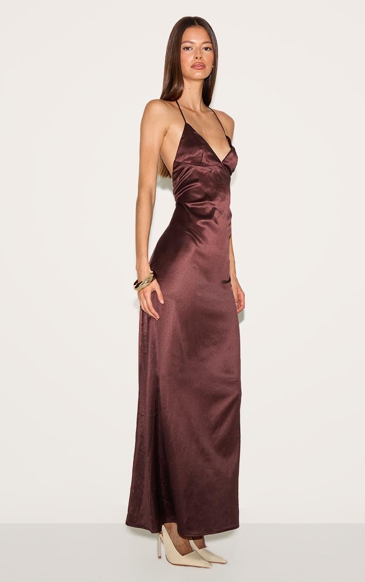 Chocolate Satin Lace Up Back Maxi Slip Dress Product Image