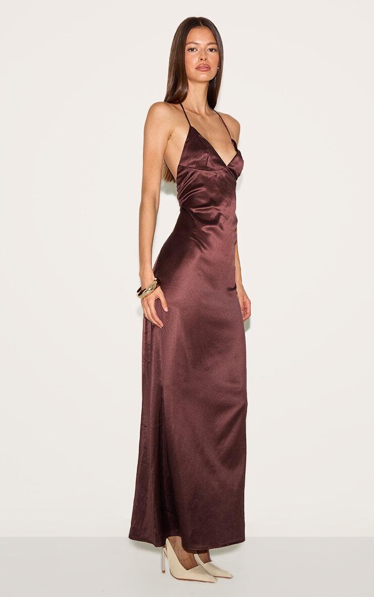Chocolate Satin Lace Up Back Maxi Slip Dress Product Image