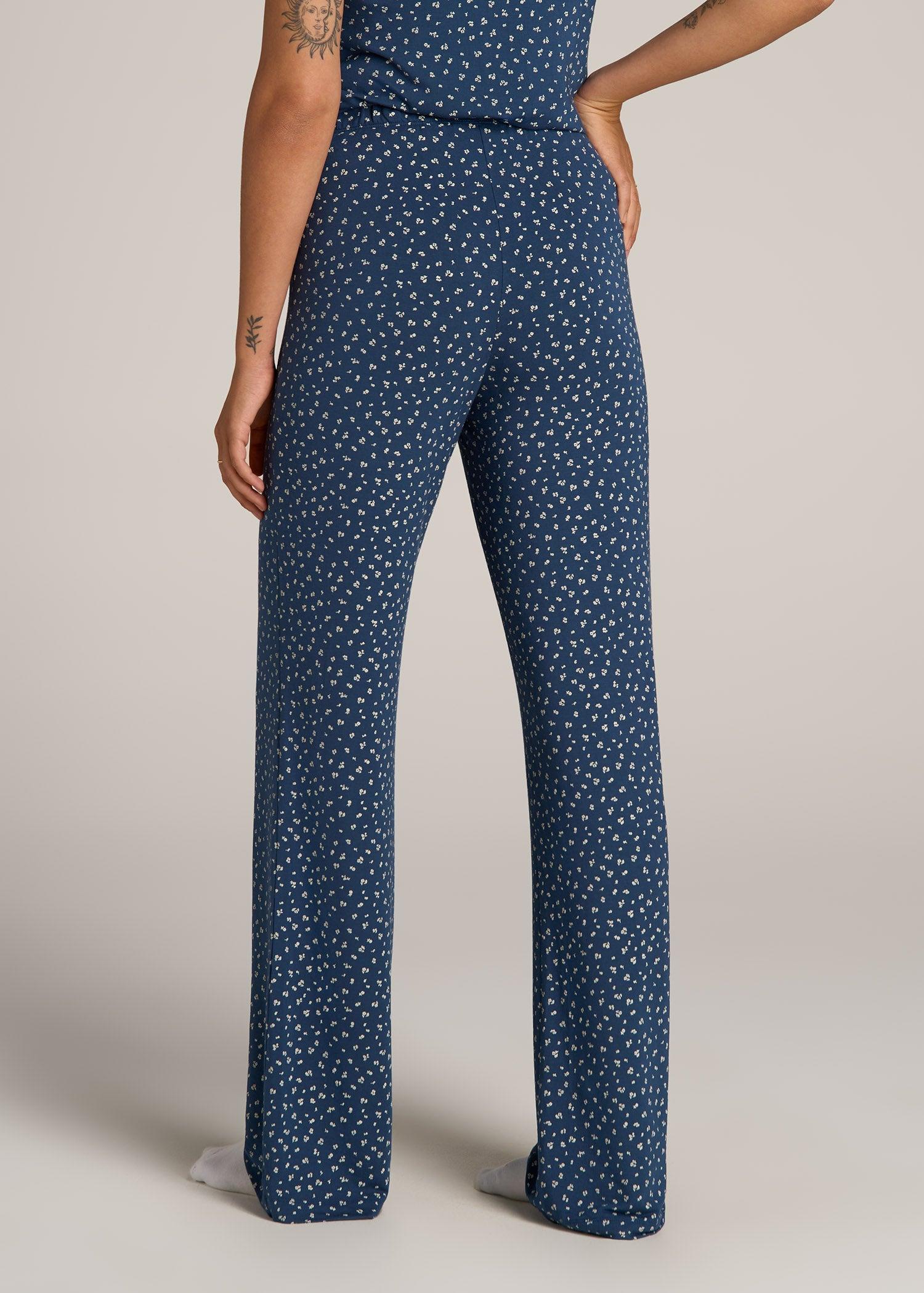 Wide Leg Women's Tall Pajama Pants in Blue Ditsy Floral Print Product Image