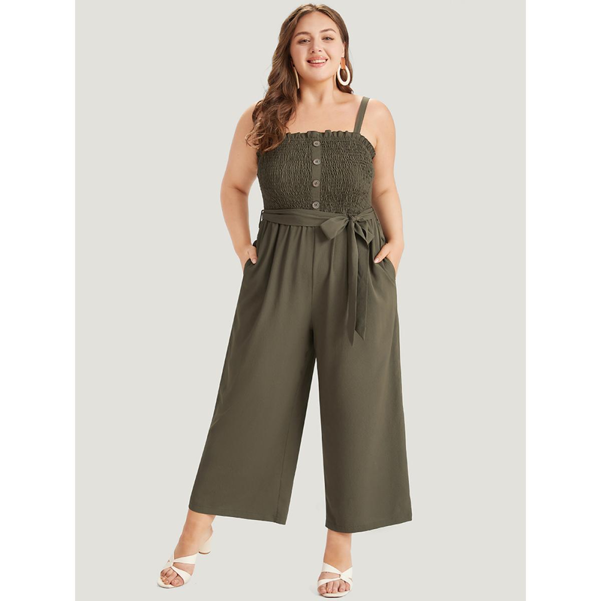 Plus Size ArmyGreen Shirred Frill Trim Belted Button Detail Cami Jumpsuit Women Elegant Sleeveless Square Neck Dailywear Loose Jumpsuits BloomChic 14-16/1X Product Image