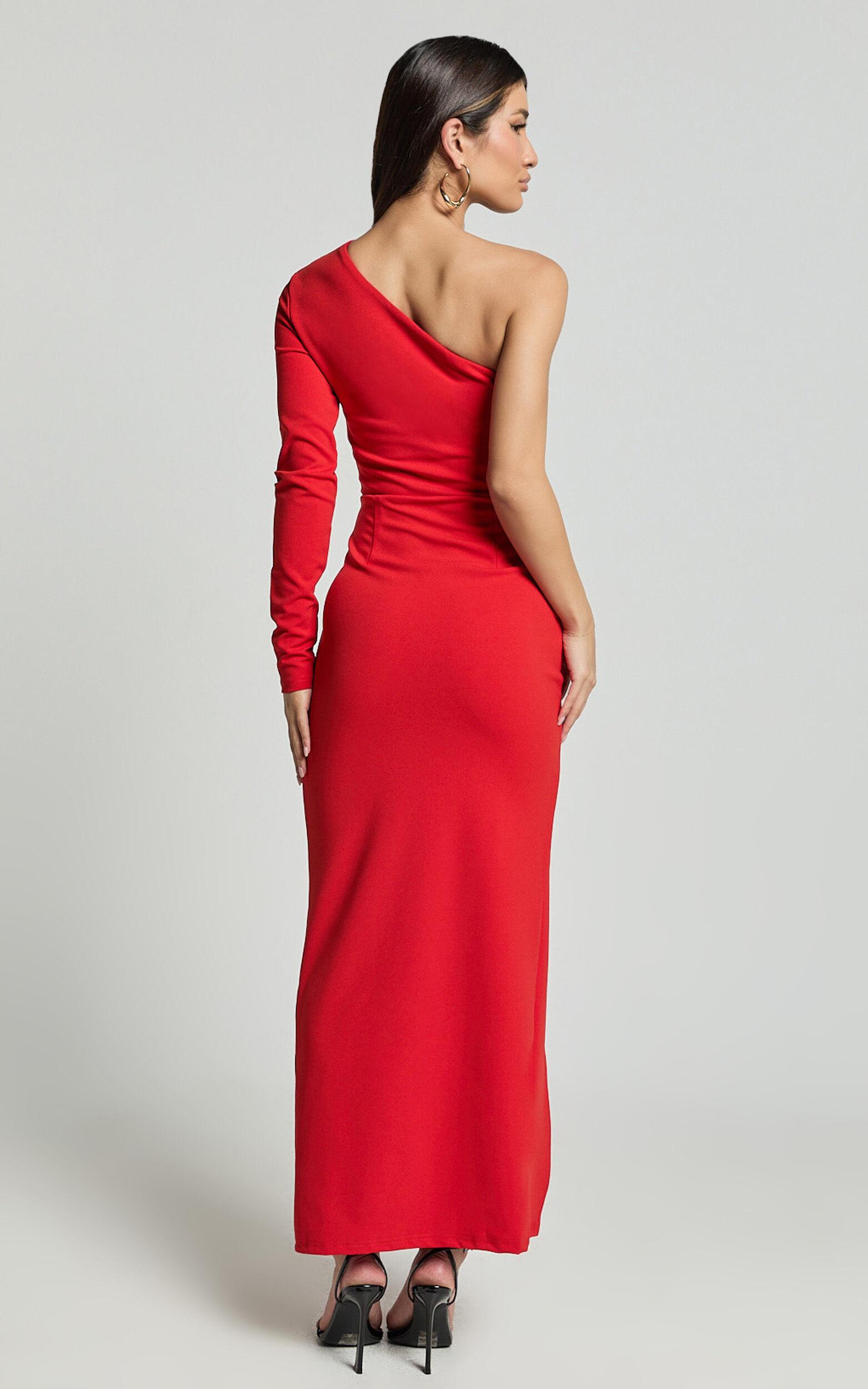 Daria Midi Dress - One Shoulder Long Sleeve Side Split Dress in Red Product Image