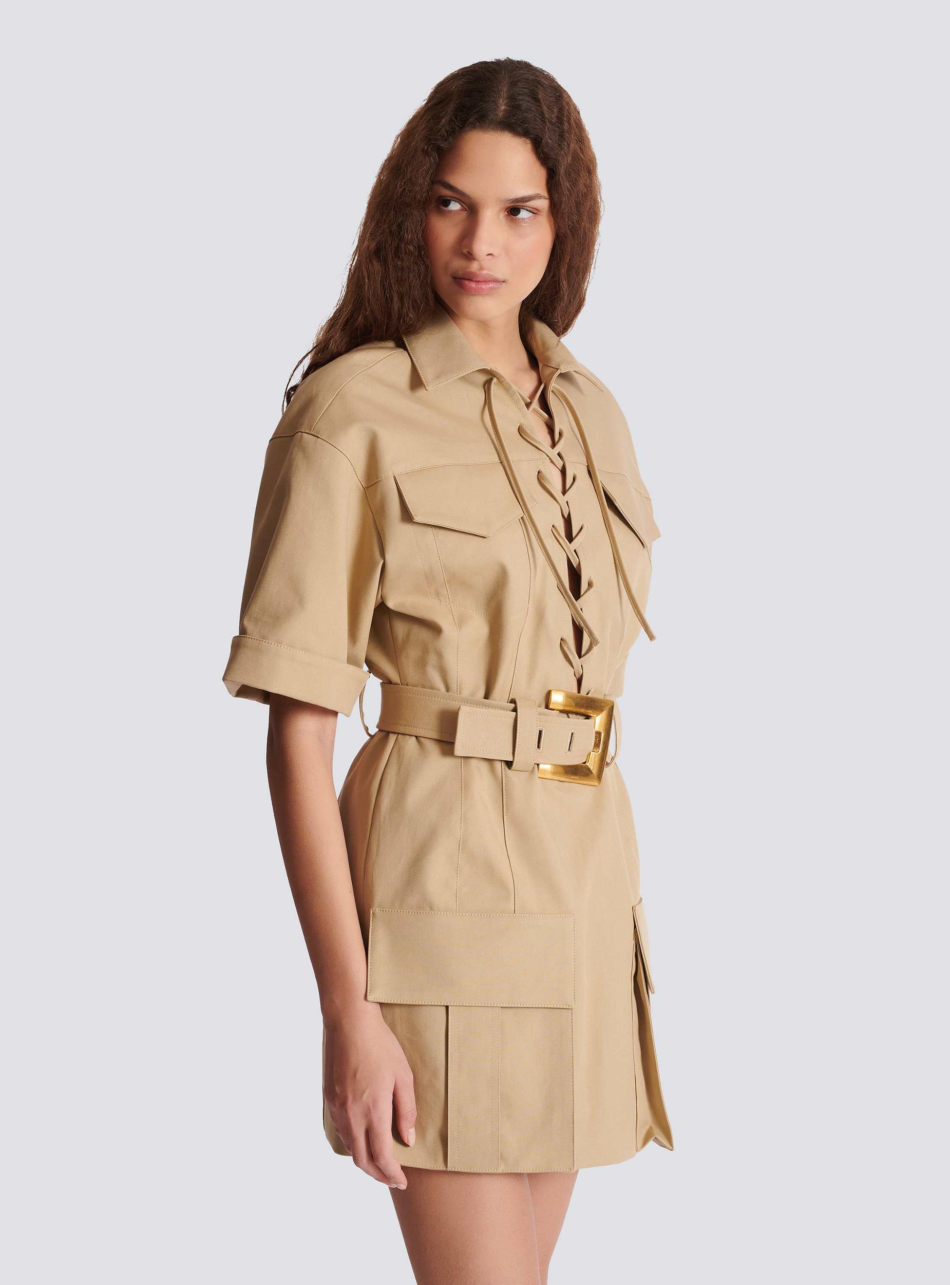 Short cotton gabardine lace-up dress Product Image