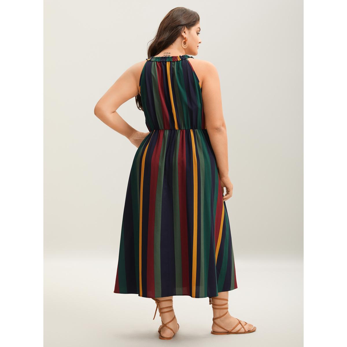Plus Size Multi-Color Stripes Waist-Defining Midi Dress Multicolor Women Tie knot V-neck Sleeveless Curvy BloomChic 12/L Product Image