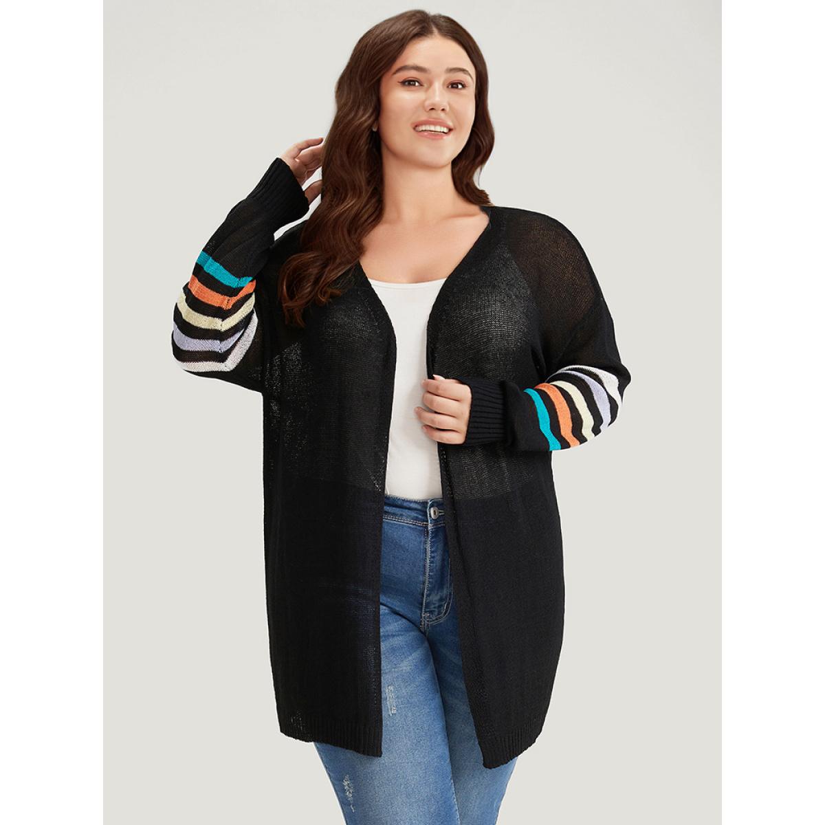 Plus Size Rainbow Striped Open Front Drop Shoulder Cardigan Black Women Casual Loose Long Sleeve Dailywear Cardigans BloomChic 12/L Product Image
